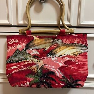 Rum Jungle Vintage Vibrant Tropical Red Purse Bag with Bamboo Handles Handmade